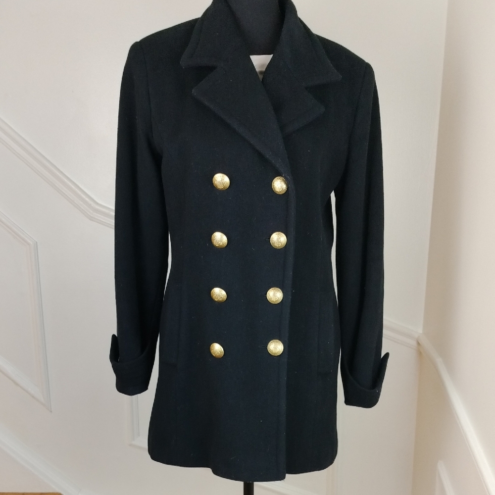Cashmere, Angora Wool Blend Black‎ Double-Breasted Coat Gold Accents size small